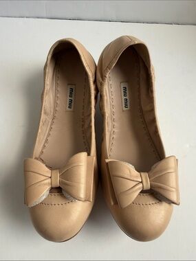 Miu Miu Nude Leather Puffy Bow Ballet Flats